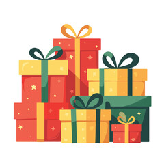 Fototapeta premium Brightly wrapped Christmas gift boxes stacked in playful arrangement, celebration