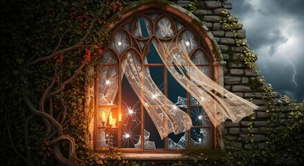 Obraz premium Abandoned Victorian Mansion Window, cracked glass and peeling paint framed by ivy, moody golden-hour light, haunted gothic architecture, eerie abandoned house facade, cobwebs, and dust