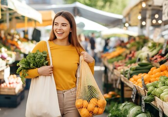 Young Woman Enjoys Shopping at Farmers Market Supporting Local Agriculture and Sustainable Living Carrying Fresh Produce in Reusable Bags