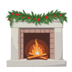 Fototapeta premium Classic stone fireplace with festive garland, cozy winter ambience