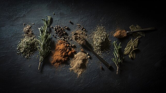 Assorted herbs and spices in artistic arrangement, celebrating natural flavors and culinary diversity