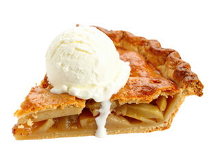 Classic apple pie slice la mode with a flaky golden crust and melting vanilla ice cream.