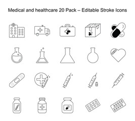 Outlined medical and healthcare icons set – hospital, ambulance, medicine, pharmacy, laboratory, syringe, vaccine, pill, vector illustrations
