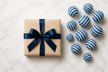 Fototapeta premium Elegant Gift Box with Blue Satin Ribbon and Striped Decorative Balls