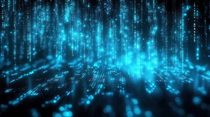 Glowing blue digital code cascading in vertical streams over a futuristic grid surface in a dark cyber environment