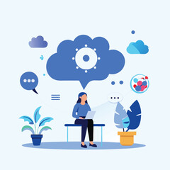 Woman Working on Laptop, Cloud Computing, Idea Generation, Innovation Concept Illustration