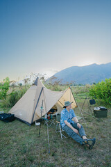 Doi Luang Chiang Dao mountain in evening seen from camping site, Chiang Mai, Thailand