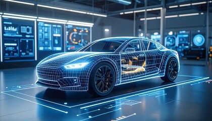 Futuristic Electric Car Design Wireframe in Digital Studio
