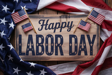 Happy Labor Day sign surrounded by American flags and fabric image photo