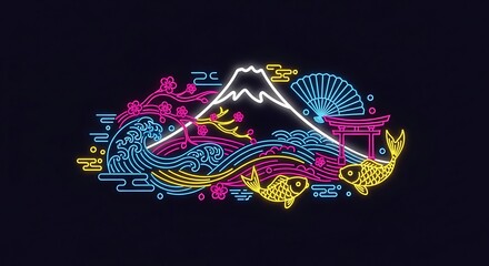 A Luminous Neon Dreamscape of Iconic Japanese Symbols and Landscape