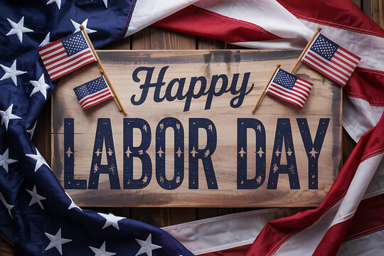 Happy Labor Day sign surrounded by American flags and fabric image photo