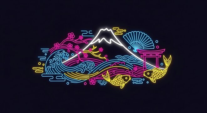 A Luminous Neon Dreamscape of Iconic Japanese Symbols and Landscape