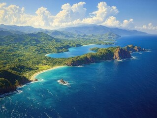 Scenic coastal landscape with lush green hills, rocky cliffs, turquoise sea, and a partly cloudy bright blue sky evoking tranquility and natural beauty