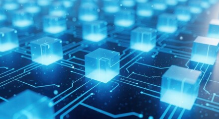 Abstract futuristic digital network grid with glowing blue cubes and circuitry patterns