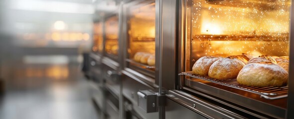 Loaves of bread baking inside commercial ovens with warm glowing light and steam particles visible in a professional bakery setting