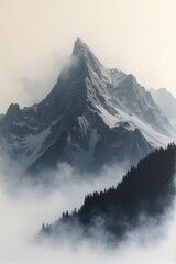 Obraz premium A charcoal drawing of a dramatic mountain range shrouded in mist.