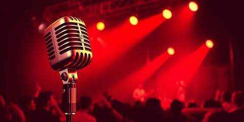 Retro live music concert poster template with microphone, red and black vector illustration,  musical,  bold