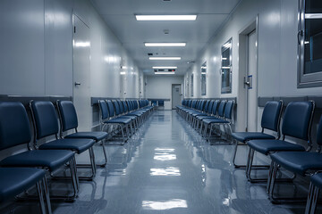 Fototapeta premium Empty hospital or clinic waiting room hallway with rows of chairs corridor