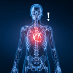 Medical illustration in X-ray style of a standing human skeleton in blue tones, person at risk of heart attack, skeleton inside