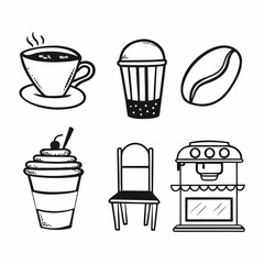 Coffee doodles isolated on white background featuring various coffee drinks and coffee making equipment