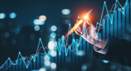 Fingertip illuminates rising financial market data visualization with blurry cityscape background and glowing analytics
