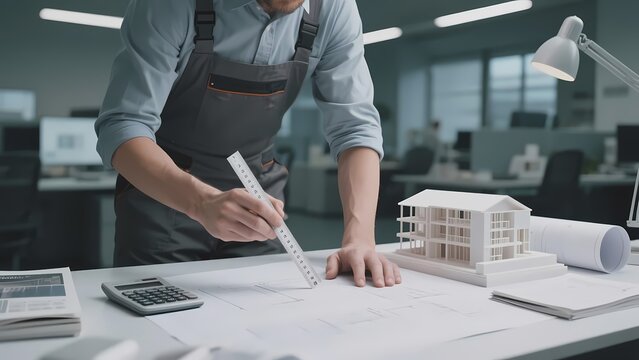 Architect working on building blueprint with model and tools.
