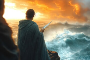 Person draped in a cloak stands on rocky shore holding an oversized syringe, gazing at turbulent ocean waves under a dramatic orange sky at sunset