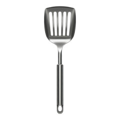 Large stainless steel slotted spatula isolated on white background, modern kitchen utensil for cooking and serving