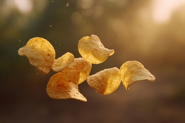 Golden potato chips pirouette in sun-dappled air, evoking nostalgic picnics and autumn's crisp embrace on National Potato Day