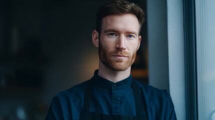 Pensive Caucasian male chef by rainy window, embodying hygge spirit, culinary introspection, and World Bread Day musings