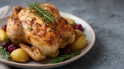 Succulent roasted chicken with rosemary, reminiscent of Harvest Home feasts, flanked by cranberries and golden potatoes, cozy culinary magic