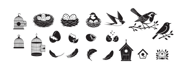 Fototapeta premium Vintage Bird and Nest Vector Icon Collection: A Black and White Engraving-Style Set of Birdcages, Nests with Eggs, Feathers, and Birdhouses for Rustic Designs.