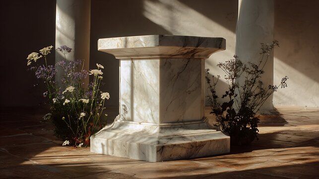 Display Pedestal and Flowers Bathed in Sunlight Indoor