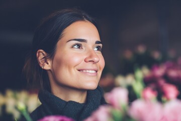 Smiling Hispanic female amidst vibrant blooms, embodying Spring Equinox renewal and the mystical charm of Floralia celebrations