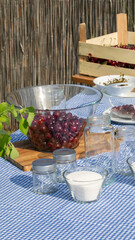 Glass bowls brim with glistening currants and sugar, invoking midsummer jam rituals, Slovenian Bostan harvest, rustic charm