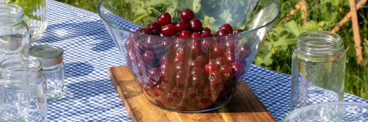 Glistening cherries in crystal bowl, rustic farm picnic ambiance, evoke Sukkot harvest feasts and...