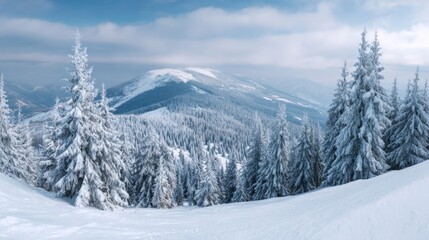 Fototapeta premium Snow-kissed evergreens stand sentinel, embracing the serene Carpathian peaks, invoking Solstice whispers and Alpine Winter Magic celebrations