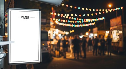 A blank menu mockup on a food truck at a bustling night street food market with colorful lights.