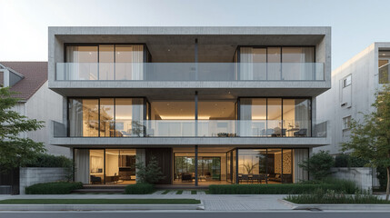 Obraz premium Modern Minimalist Concrete Facade Apartment Building Exterior Architectural Design