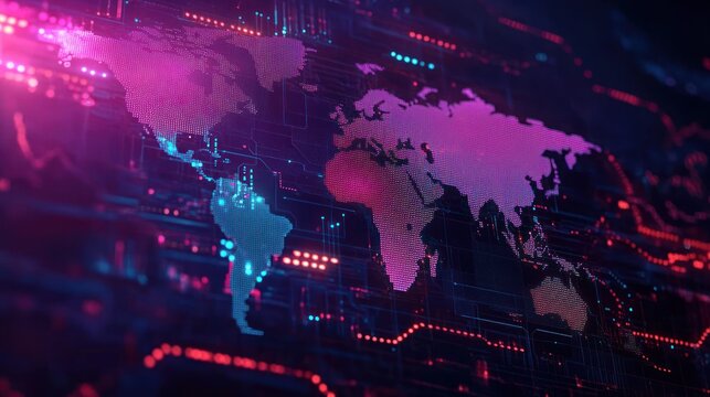 Digital world map illuminated with pink and blue neon lights displaying data points and network connections symbolizing global technology and data flow