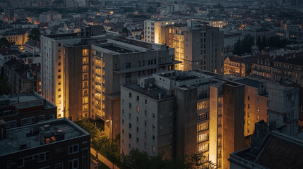 Fototapeta premium Moody Aerial View of Apartment Buildings and Cityscape at Dusk