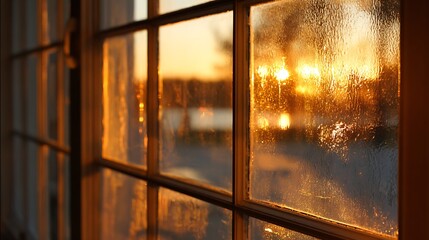 Looking Through Window at Warm Sunset Light and Reflections