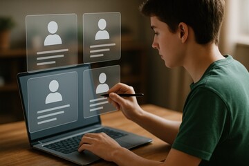 Person interacting with a laptop displaying digital profiles.