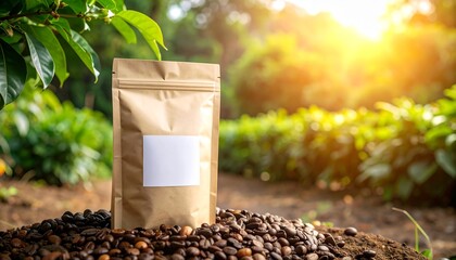 Brown Pouch Packaging Mockup in Coffee Plantation with Fresh Coffee Beans