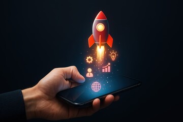 Mobile phone showcasing a rocket launch concept with business icons.
