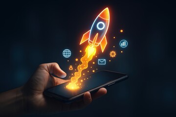 Hand holding a phone with a glowing rocket icon and digital business elements.