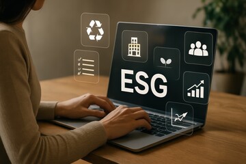 Person using laptop with ESG concept displayed.
