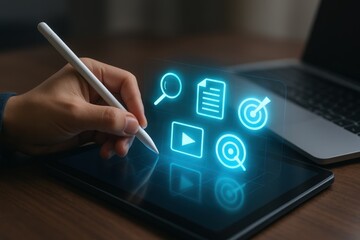 Hand using a stylus to interact with digital icons on a tablet.