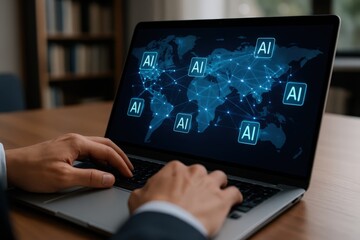 Global artificial intelligence network displayed on a laptop screen.