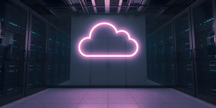 The Neon Cloud Logo Illuminating a Modern Server Room Environment - Powered by Adobe